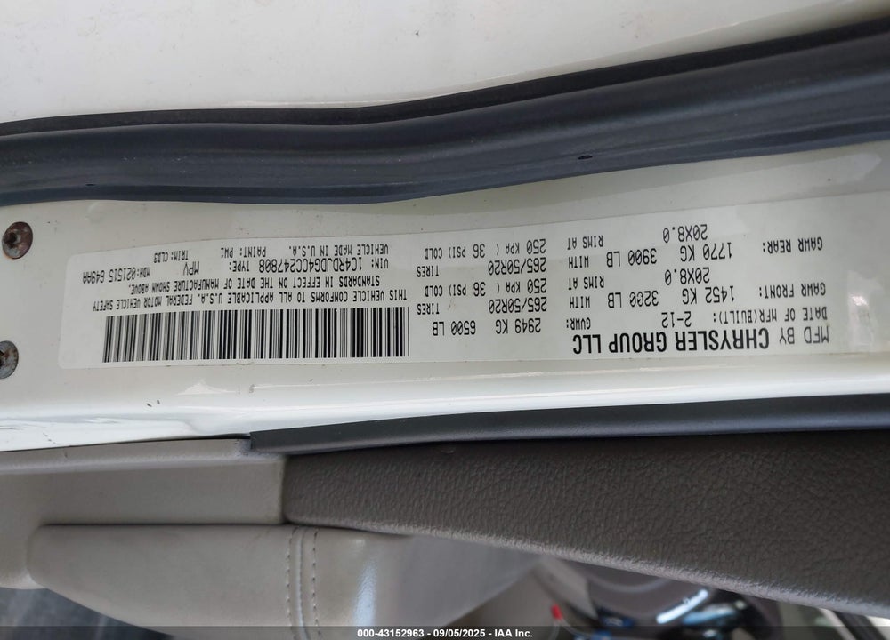 2012 DODGE DURANGO VIN: 1C4RDJDG4CC247808