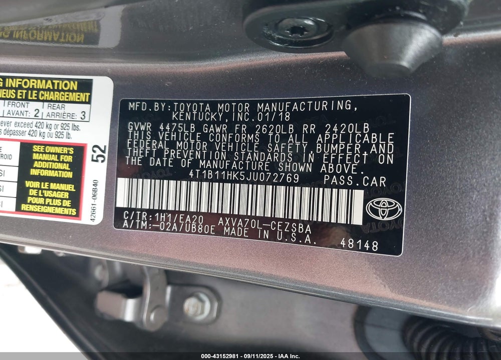 2018 TOYOTA CAMRY SE VIN: 4T1B11HK5JU072769