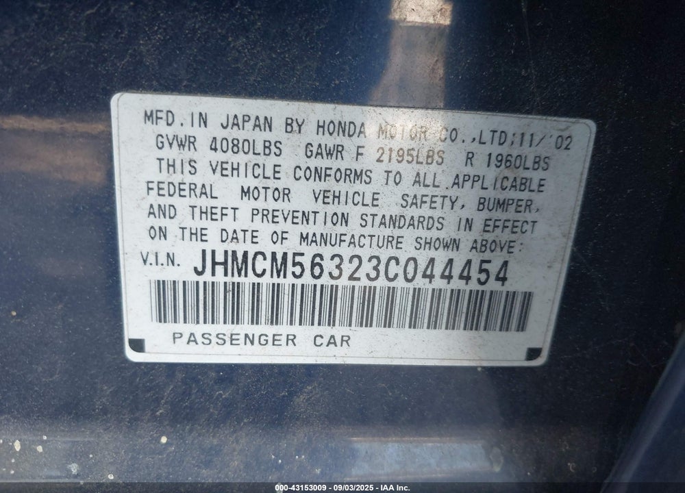 2003 HONDA ACCORD 2.4 LX VIN: JHMCM56323C044454
