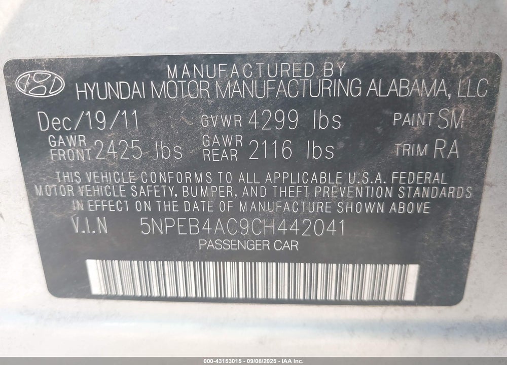 2012 HYUNDAI SONATA VIN: 5NPEB4AC9CH442041