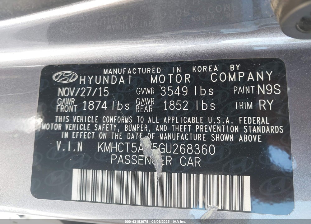 2016 HYUNDAI ACCENT VIN: KMHCT5AE5GU268360