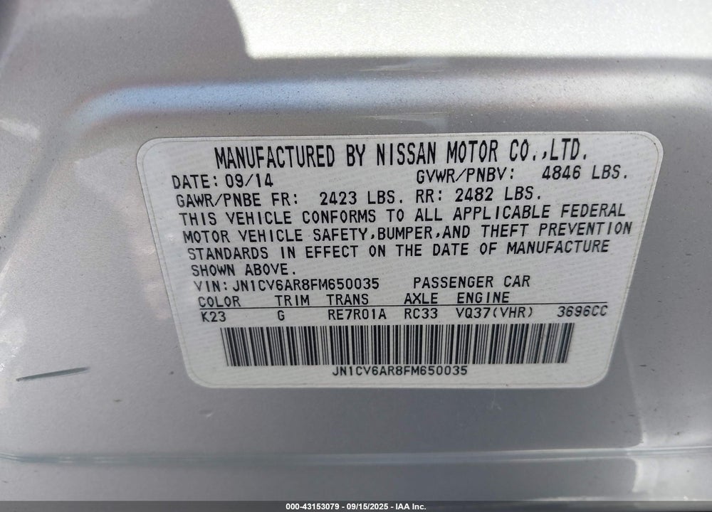 2015 INFINITI Q40 VIN: JN1CV6AR8FM650035