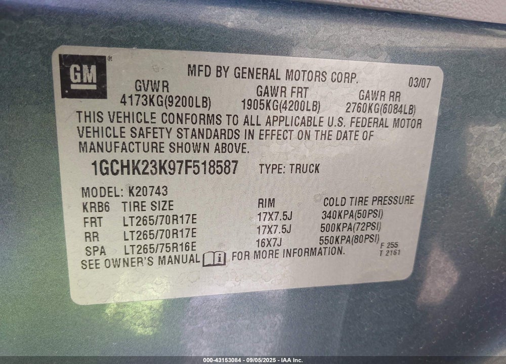 2007 CHEVROLET SILVERADO 2500 VIN: 1GCHK23K97F518587