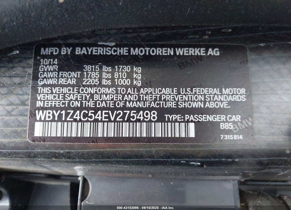 2014 BMW I3 VIN: WBY1Z4C54EV275498