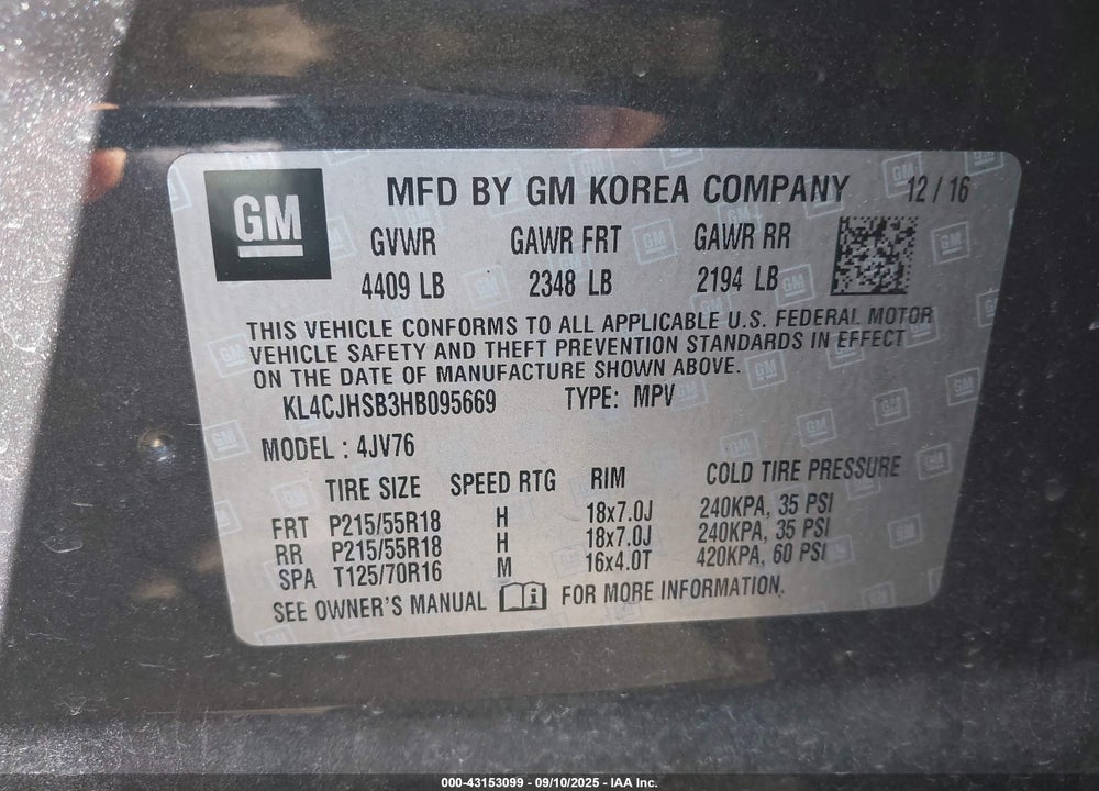2017 BUICK ENCORE VIN: KL4CJHSB3HB095669