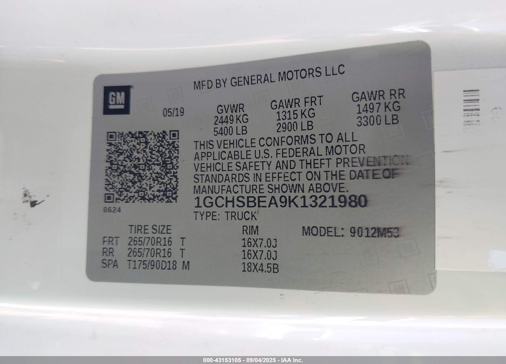 2019 CHEVROLET COLORADO VIN: 1GCHSBEA9K1321980
