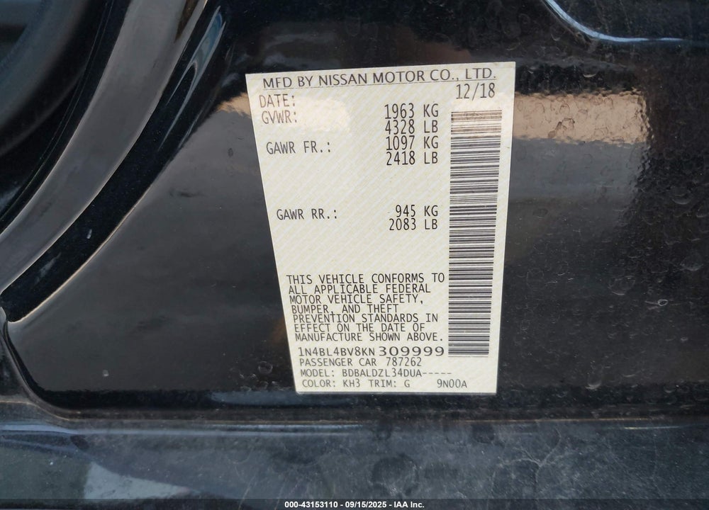 2019 NISSAN ALTIMA VIN: 1N4BL4BV8KN309999