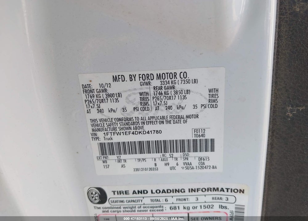 2013 FORD F-150 VIN: 1FTFW1EF4DKD41780