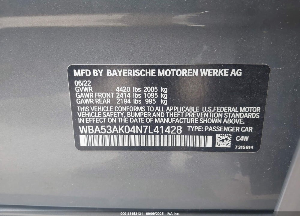 2022 BMW 228 GRAN COUPE I SDRIVE VIN: WBA53AK04N7L41428