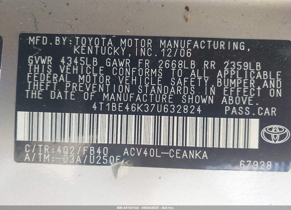 2007 TOYOTA CAMRY LE VIN: 4T1BE46K37U632824