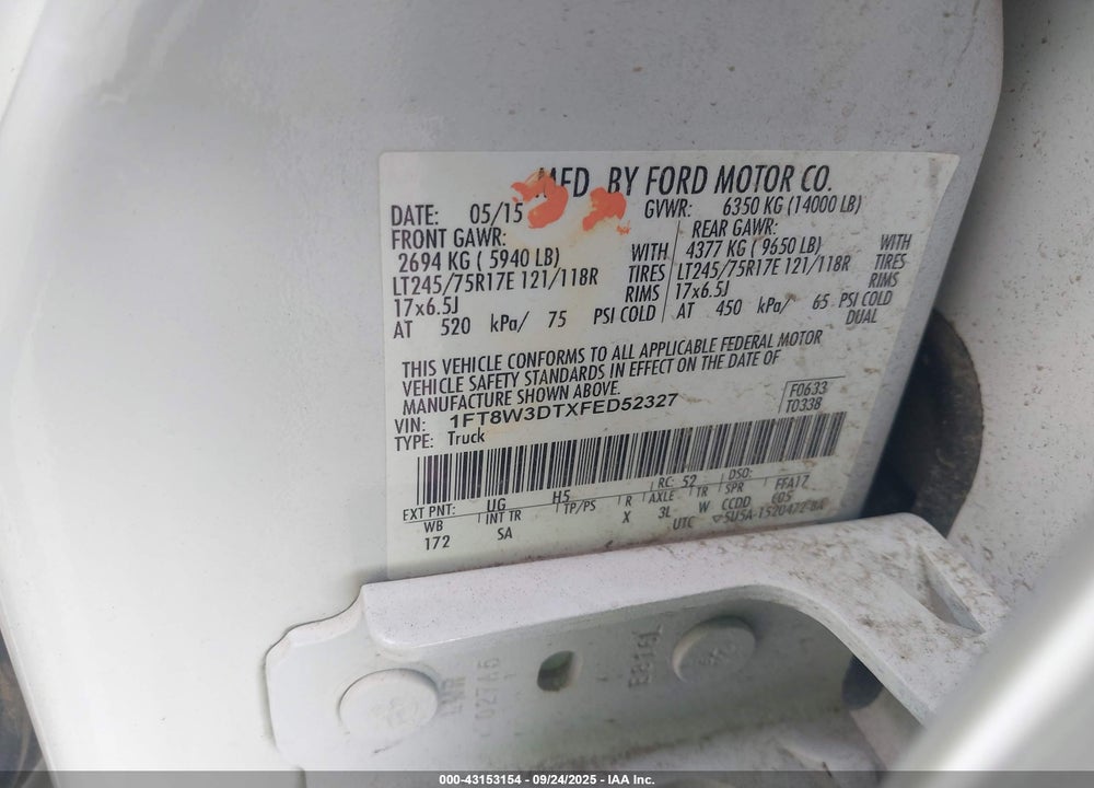 2015 FORD F 350 VIN: 1FT8W3DTXFED52327