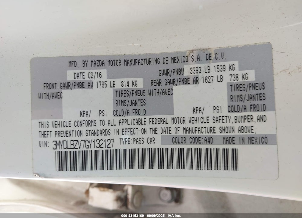 2016 SCION IA VIN: 3MYDLBZV7GY132127