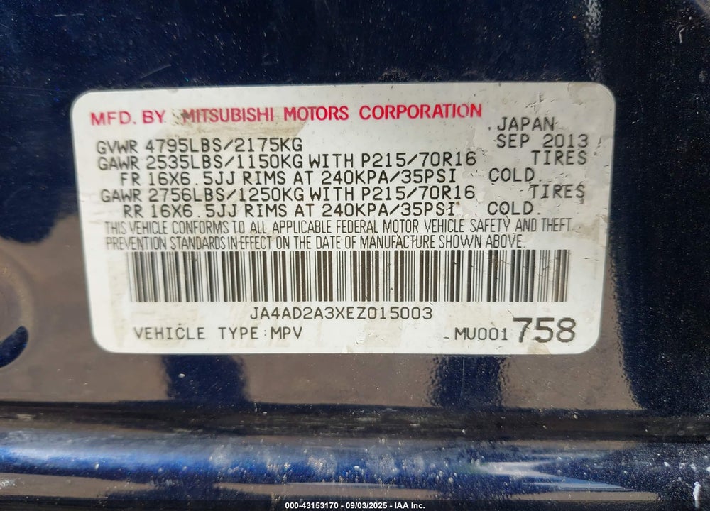 2014 MITSUBISHI OUTLANDER VIN: JA4AD2A3XEZ015003