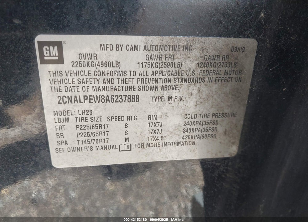 2010 CHEVROLET EQUINOX VIN: 2CNALPEW8A6237888