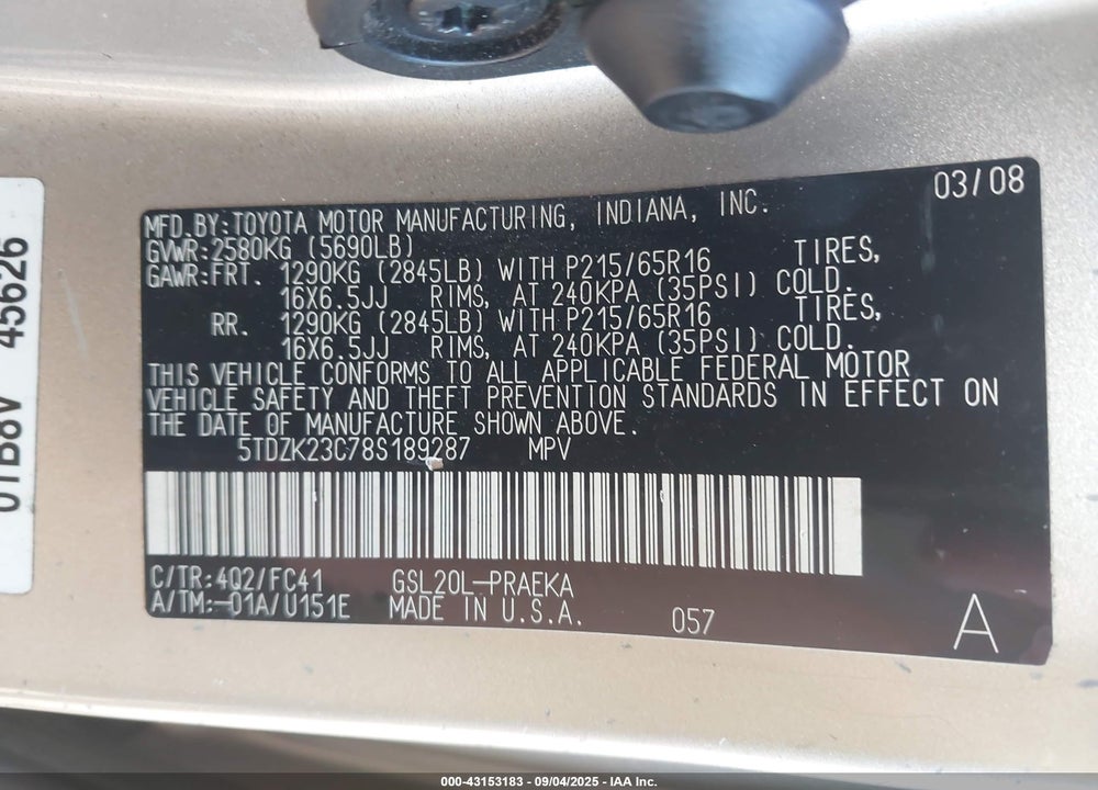 2008 TOYOTA SIENNA LE VIN: 5TDZK23C78S189287