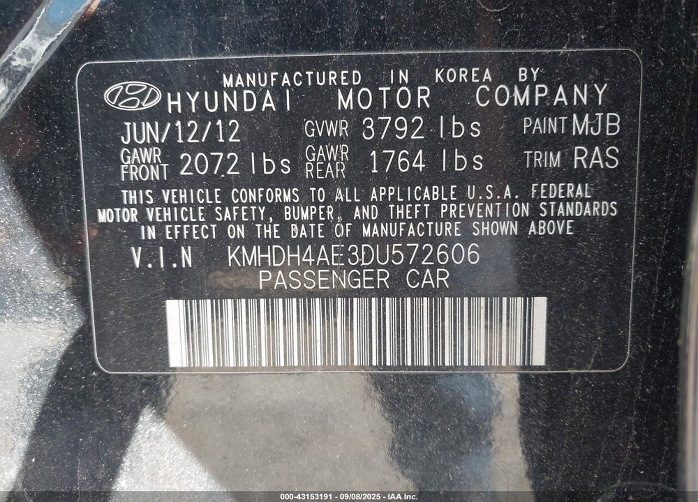 2013 HYUNDAI ELANTRA VIN: KMHDH4AE3DU572606