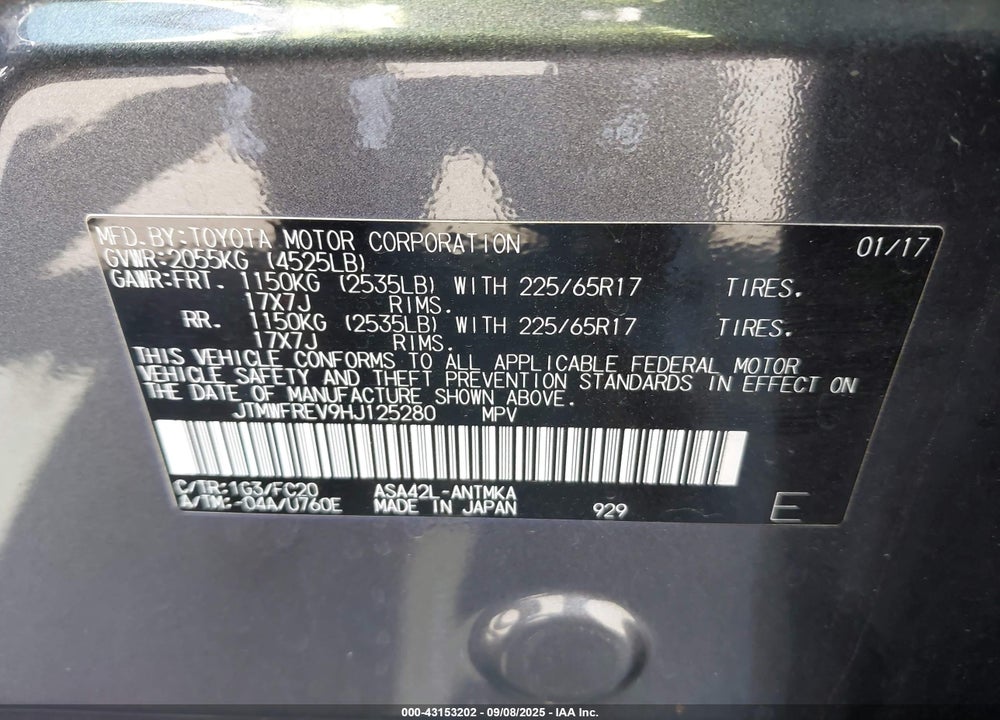 2017 TOYOTA RAV4 XLE VIN: JTMWFREV9HJ125280