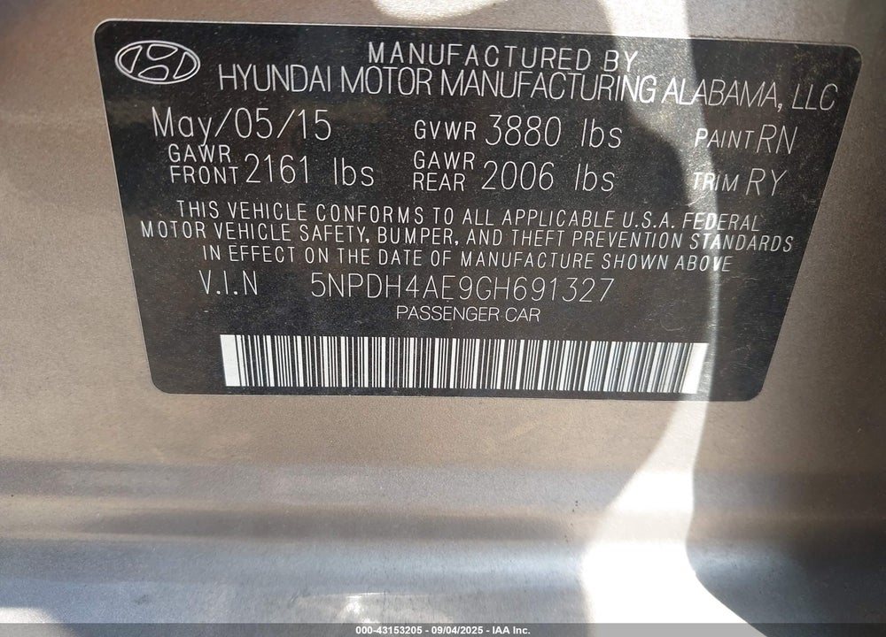 2016 HYUNDAI ELANTRA VALUE EDITION VIN: 5NPDH4AE9GH691327