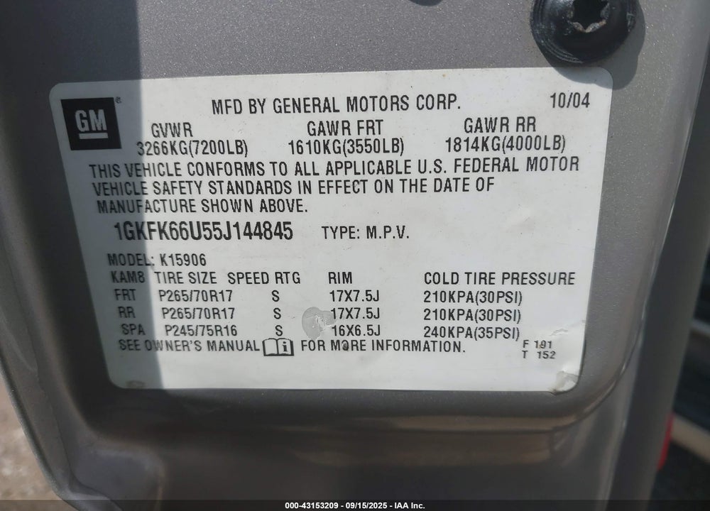 2005 GMC YUKON XL 1500 DENALI VIN: 1GKFK66U55J144845