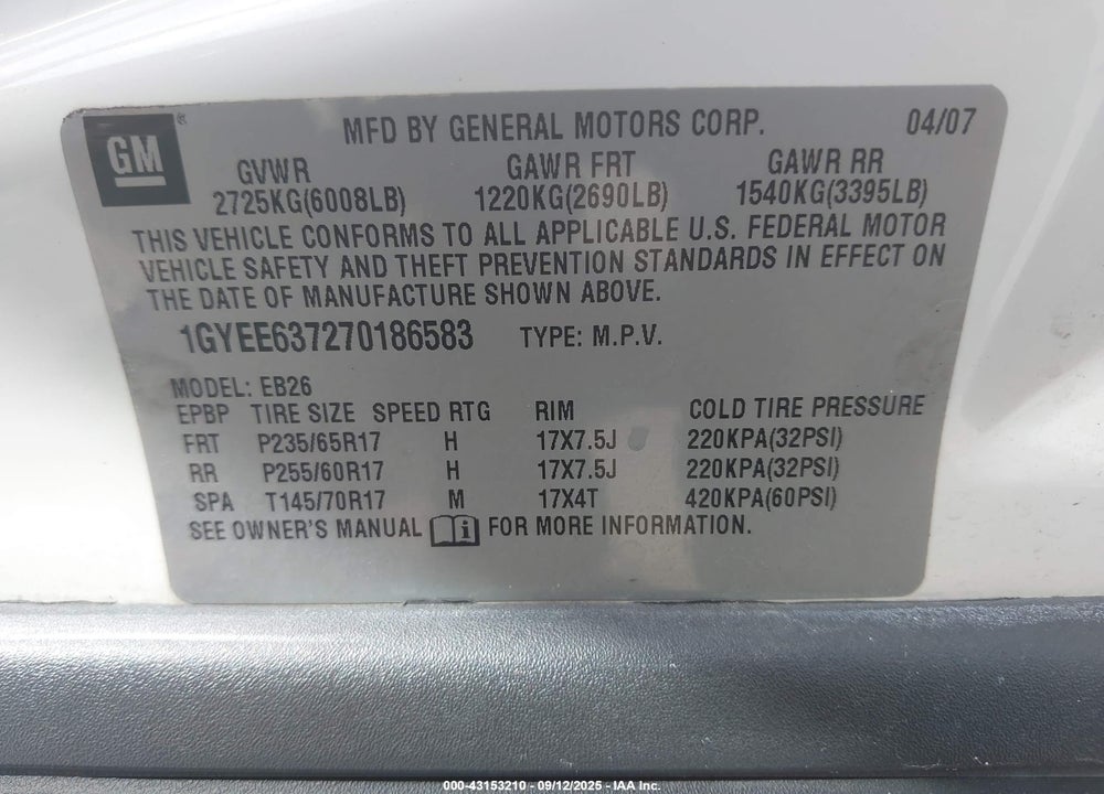 2007 CADILLAC SRX VIN: 1GYEE637270186583