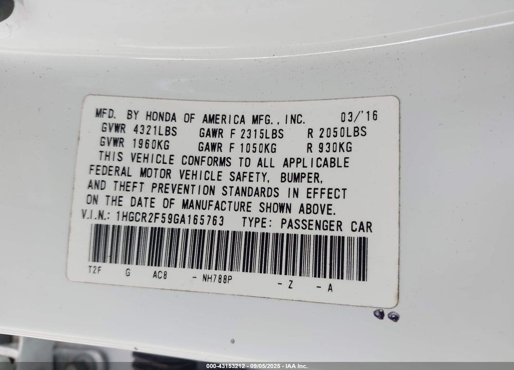 2016 HONDA ACCORD SPORT VIN: 1HGCR2F59GA165763