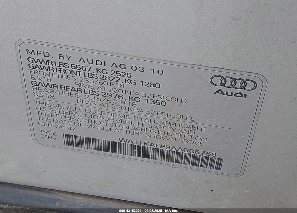 2010 AUDI Q5 VIN: WA1LKAFP9AA086769