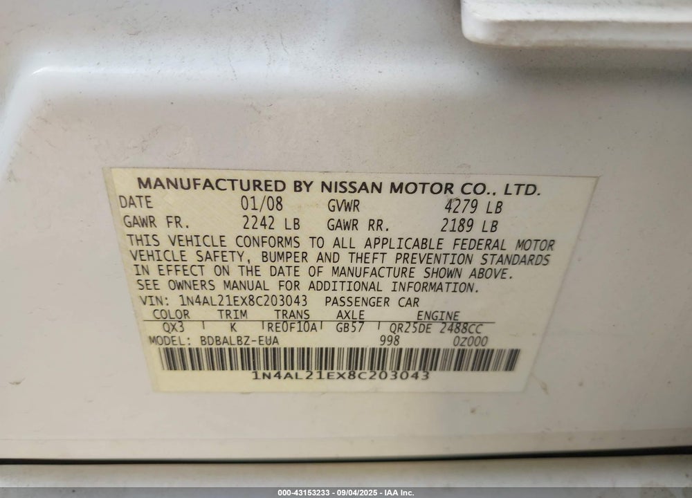 2008 NISSAN ALTIMA 2.5 S VIN: 1N4AL21EX8C203043