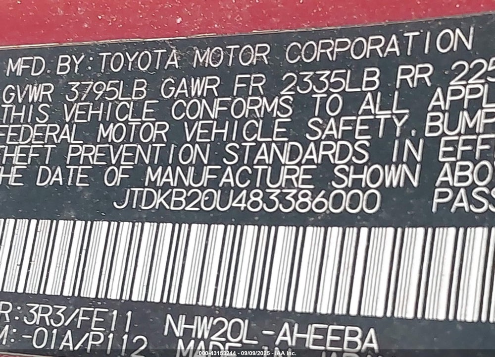 2008 TOYOTA PRIUS TOURING VIN: JTDKB20U483386000