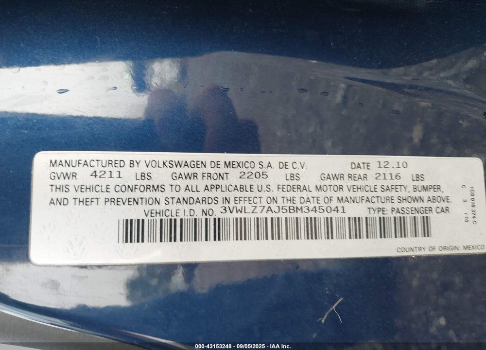 2011 VOLKSWAGEN JETTA VIN: 3VWLZ7AJ5BM345041
