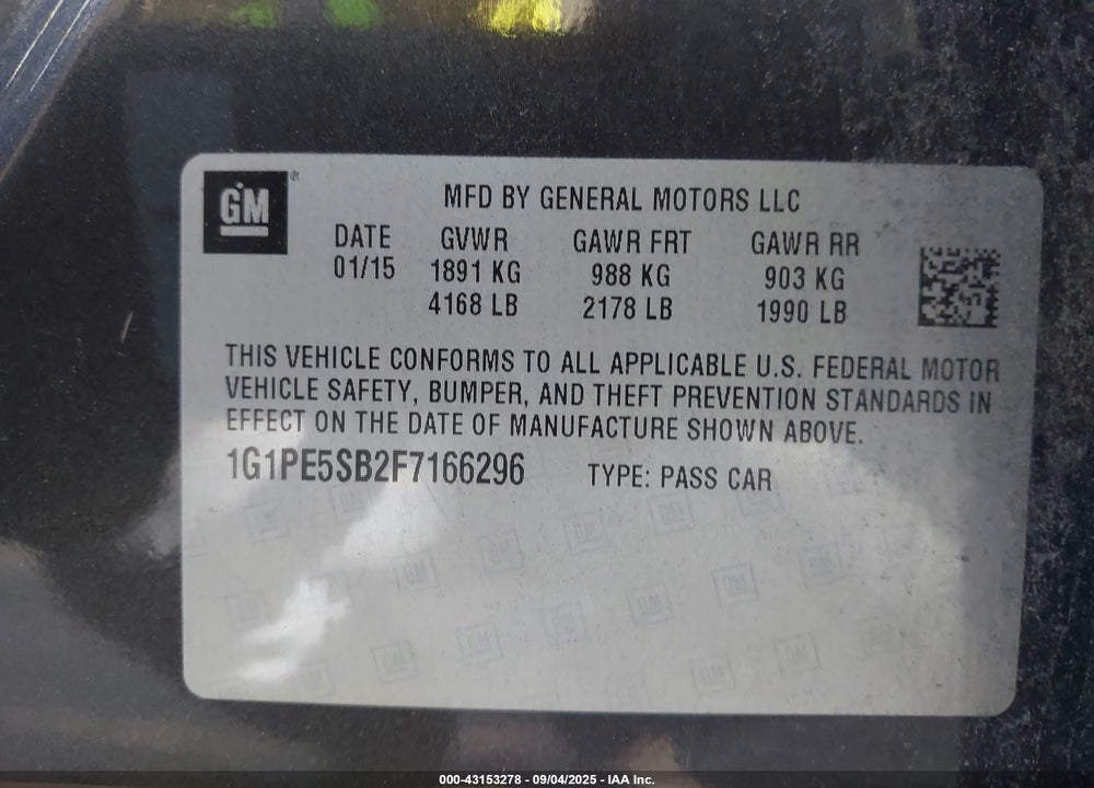 2015 CHEVROLET CRUZE VIN: 1G1PE5SB2F7166296