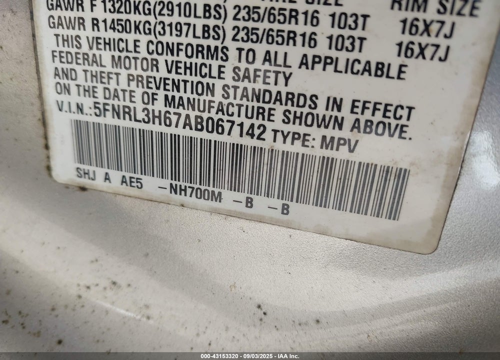 2010 HONDA ODYSSEY EX-L VIN: 5FNRL3H67AB067142