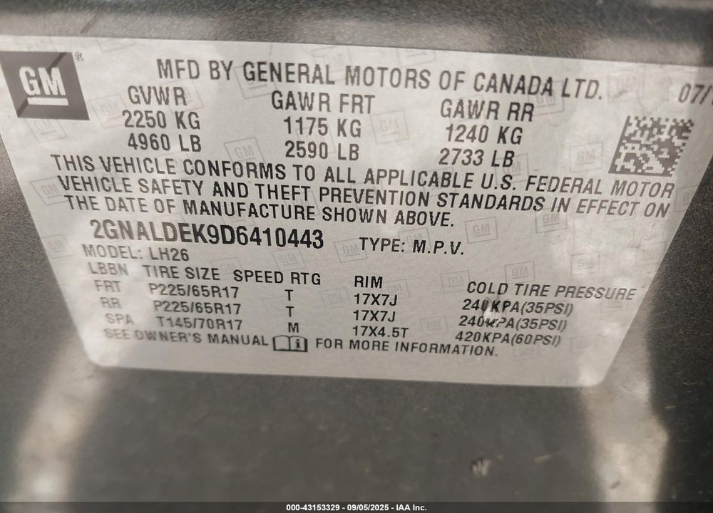 2013 CHEVROLET EQUINOX VIN: 2GNALDEK9D6410443