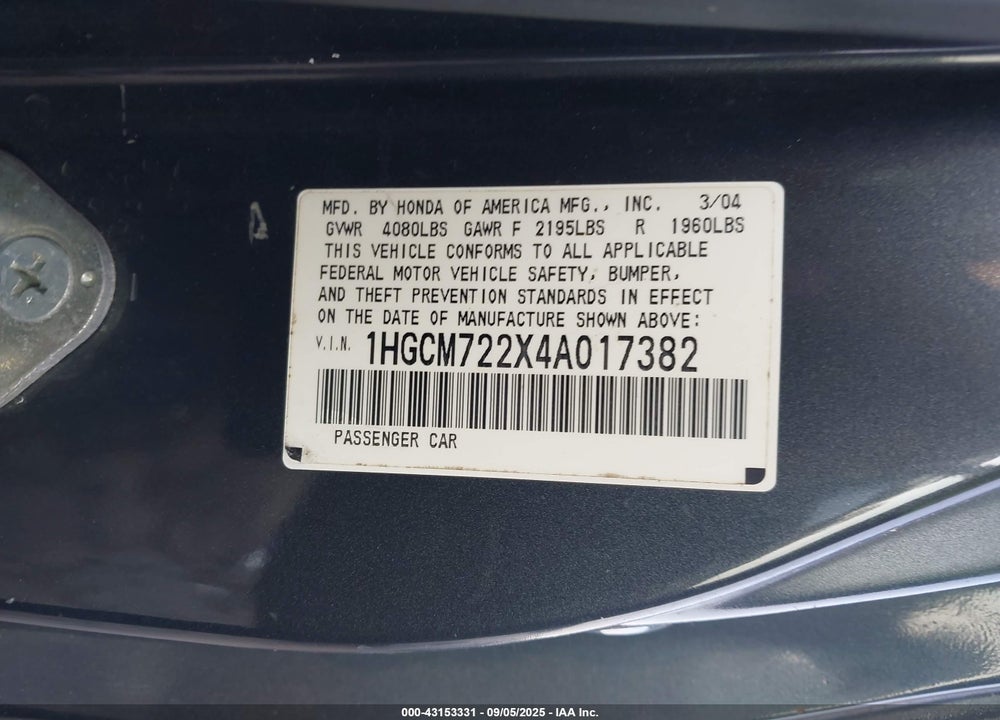 2004 HONDA ACCORD 2.4 LX VIN: 1HGCM722X4A017382
