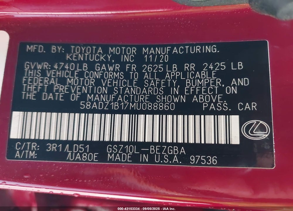 2021 LEXUS ES 350 VIN: 58ADZ1B17MU088860