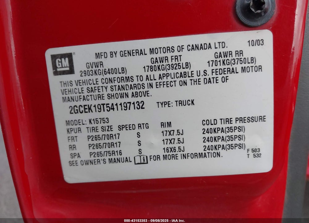 2004 CHEVROLET SILVERADO 1500 Z71 VIN: 2GCEK19T541197132