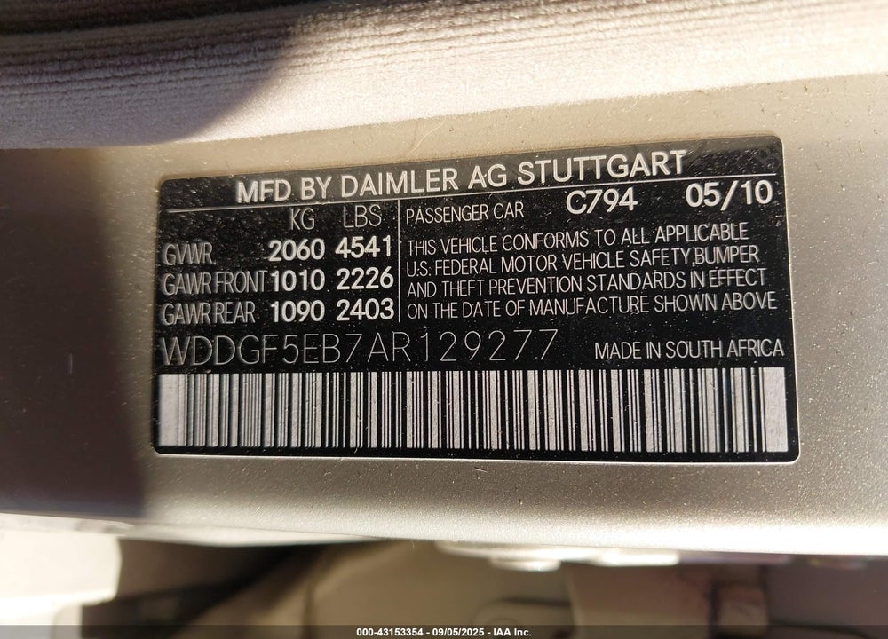 2010 MERCEDES-BENZ C CLASS VIN: WDDGF5EB7AR129277