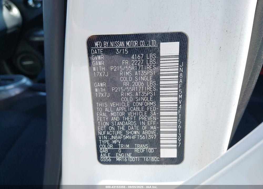 2015 NISSAN JUKE VIN: JN8AF5MV4FT561397