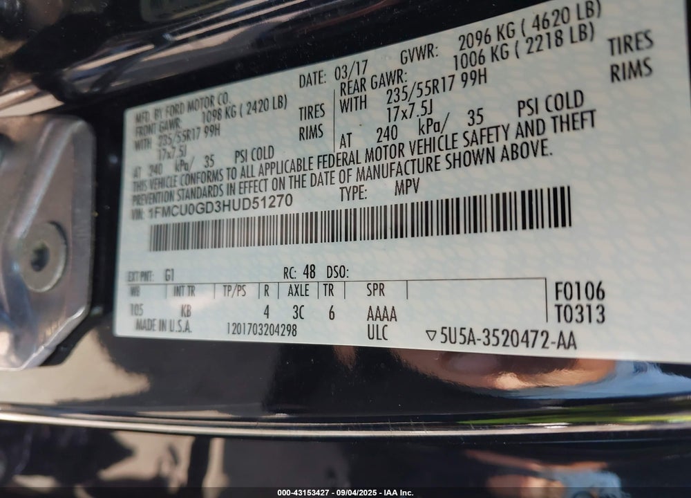 2017 FORD ESCAPE SE VIN: 1FMCU0GD3HUD51270