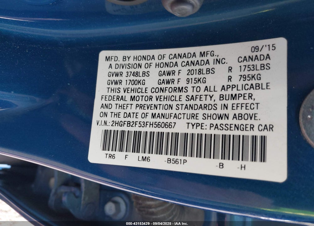 2015 HONDA CIVIC LX VIN: 2HGFB2F53FH560667