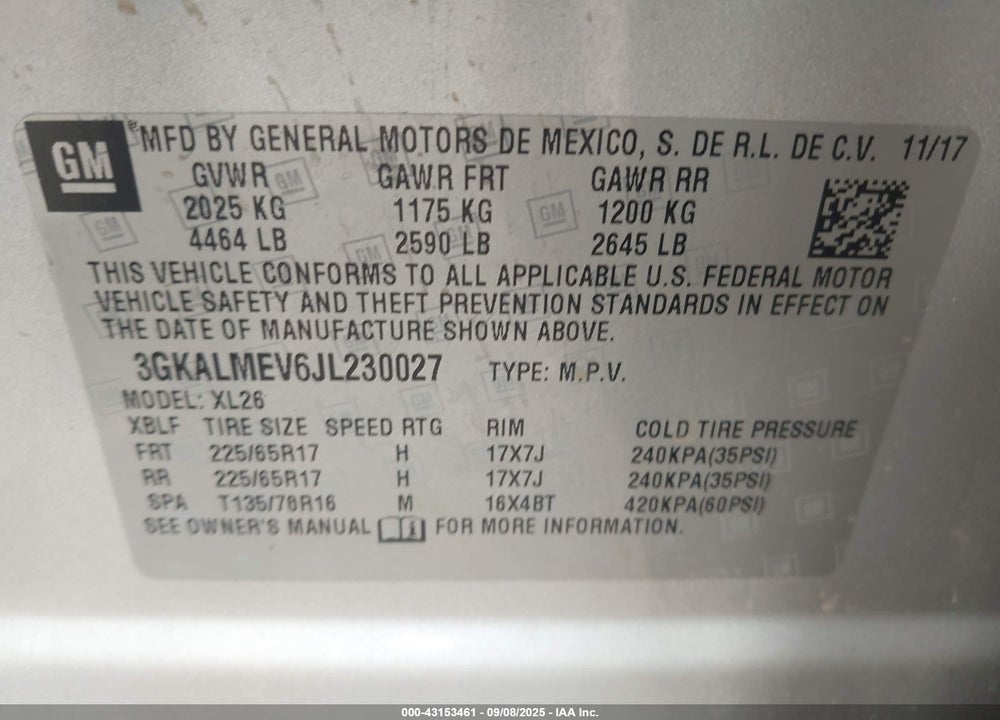 2018 GMC TERRAIN VIN: 3GKALMEV6JL230027