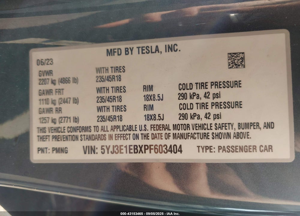 2023 TESLA MODEL 3 VIN: 5YJ3E1EBXPF603404