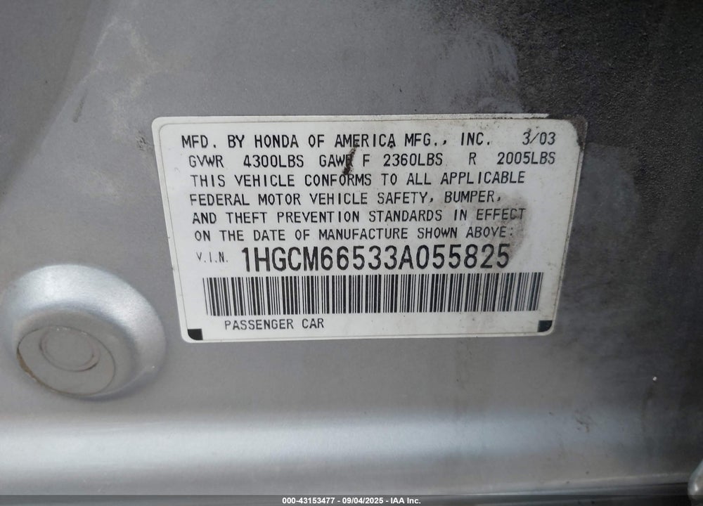 2003 HONDA ACCORD 3.0 EX VIN: 1HGCM66533A055825