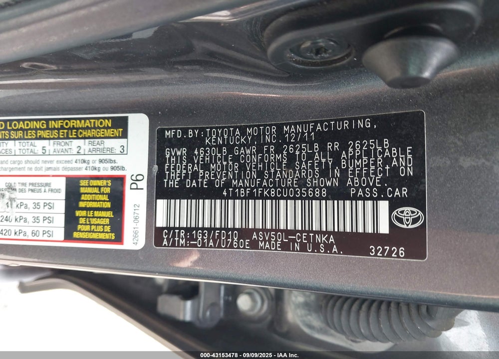 2012 TOYOTA CAMRY LE VIN: 4T1BF1FK8CU035688