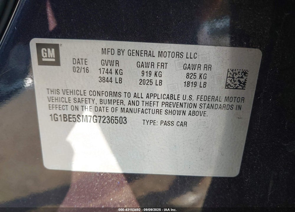 2016 CHEVROLET CRUZE VIN: 1G1BE5SM7G7236503