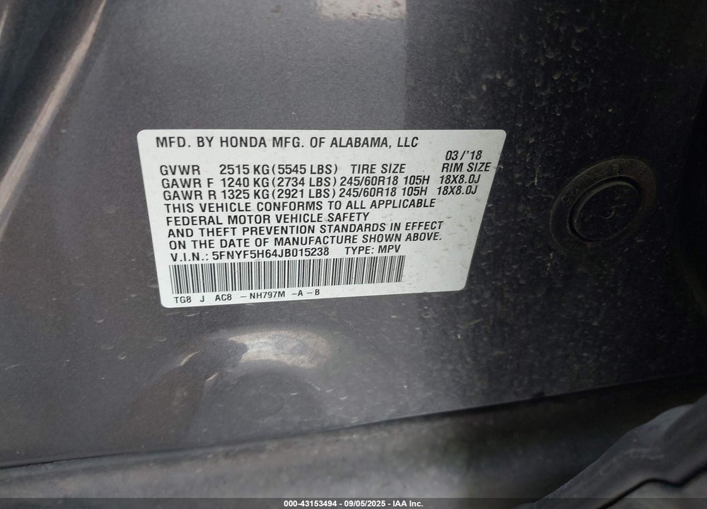 2018 HONDA PILOT VIN: 5FNYF5H64JB015238