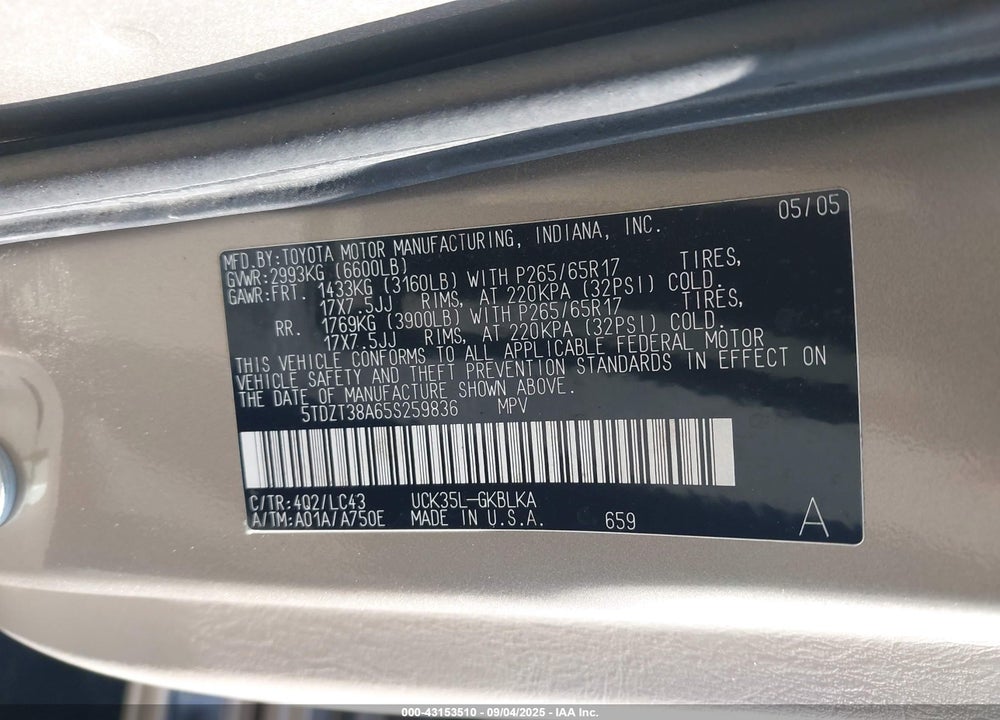 2005 TOYOTA SEQUOIA LIMITED V8 VIN: 5TDZT38A65S259836
