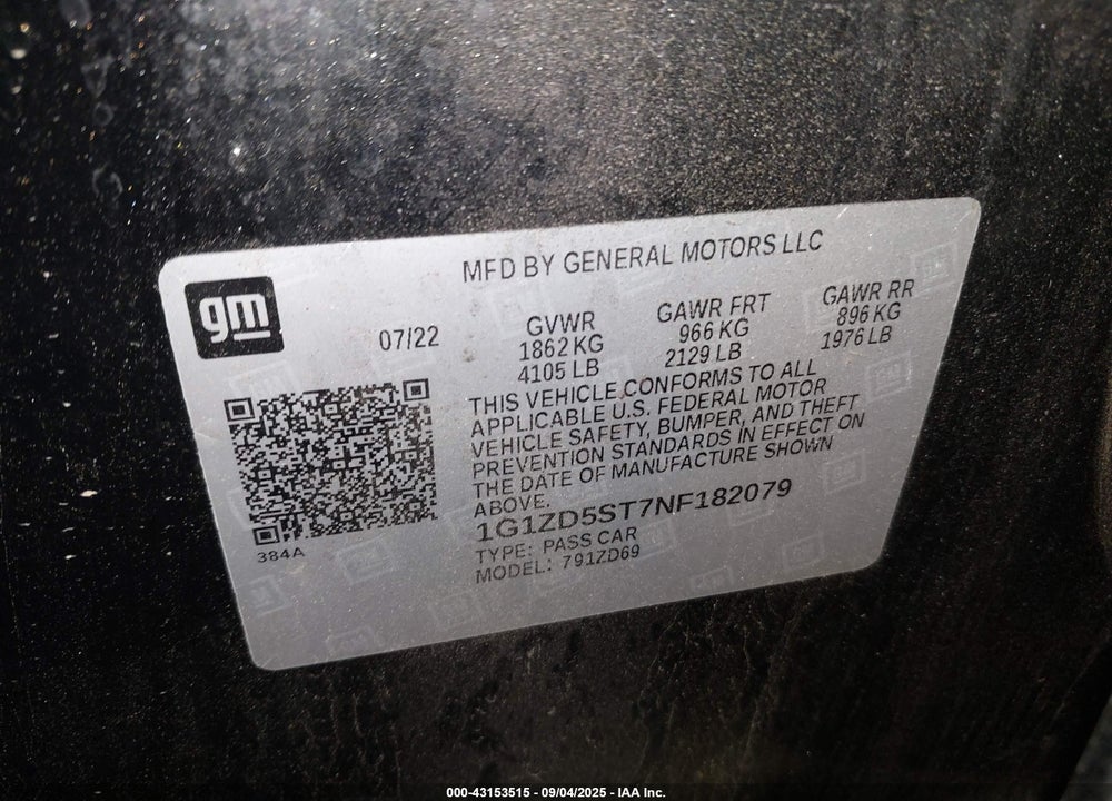 2022 CHEVROLET MALIBU VIN: 1G1ZD5ST7NF182079