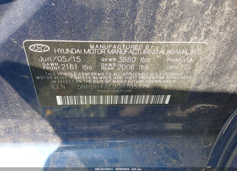 2016 HYUNDAI ELANTRA VIN: 5NPDH4AE9GH705274