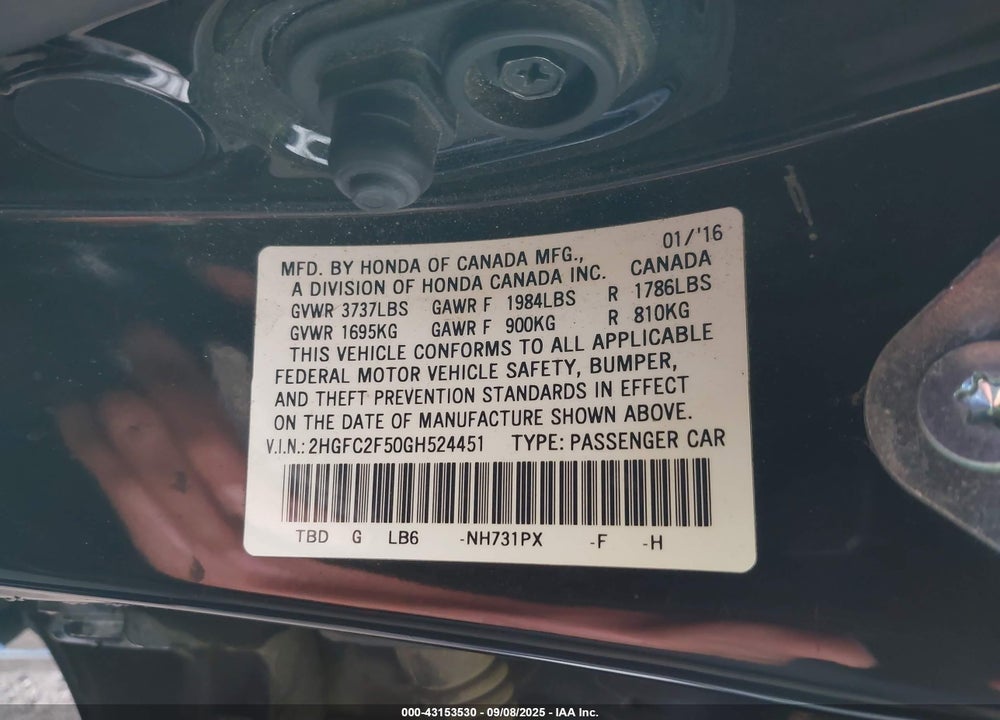 2016 HONDA CIVIC VIN: 2HGFC2F50GH524451