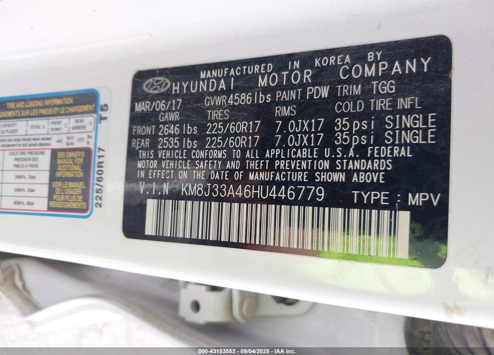 2017 HYUNDAI TUCSON SE VIN: KM8J33A46HU446779